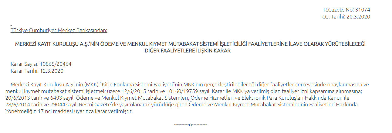 Merkezi Kayıt Kuruluşu'na(MKK) Kitle Fonlama Faaliyet izni verildi