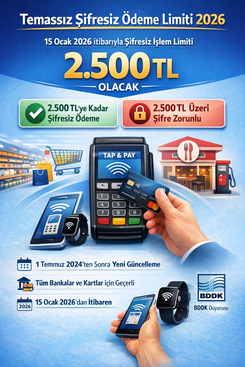 Temassız ödemelerde şifresiz işlem limiti 2.500 TL'ye yükseliyor.